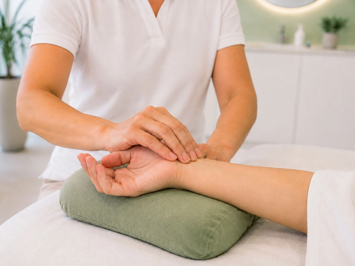 Pulsdiagnostik am Handgelenk während des TCM Checkups im Akupunktur Zentrum Sarnen